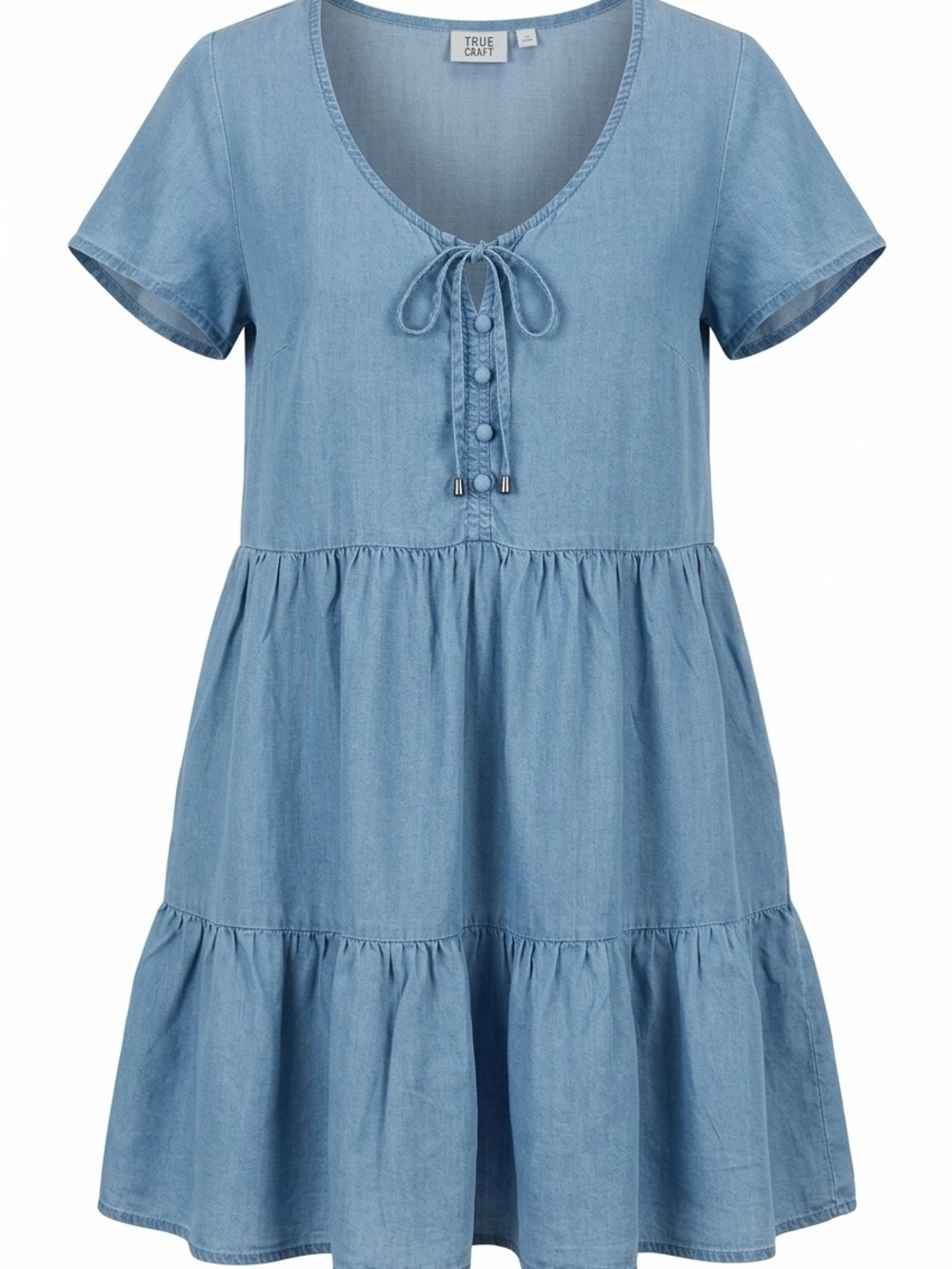 True Craft Sky Blue Chambray Tiered Tie-Front Dress